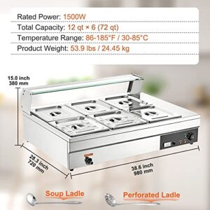 6-Pan Commercial Food Warmer with Tempered Glass Cover - Stainless Steel Countertop Electric Steam Table for Catering and Restaurants