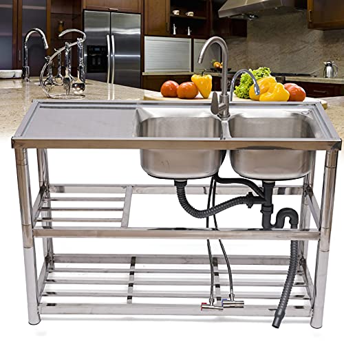 TBVECHI Commercial 304 Stainless Steel Sink 2 Compartment Free Standing Prep & Utility Sink, Large 2 Bowls Sink for Garage, Restaurant, Kitchen, Laundry Room, Outdoor (2 Compartment Sink)