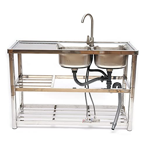 TBVECHI Commercial 304 Stainless Steel Sink 2 Compartment Free Standing Prep & Utility Sink, Large 2 Bowls Sink for Garage, Restaurant, Kitchen, Laundry Room, Outdoor (2 Compartment Sink)