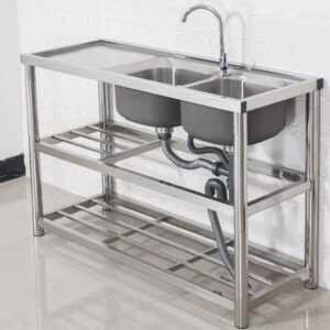 TBVECHI Commercial 304 Stainless Steel Sink 2 Compartment Free Standing Prep & Utility Sink, Large 2 Bowls Sink for Garage, Restaurant, Kitchen, Laundry Room, Outdoor (2 Compartment Sink)