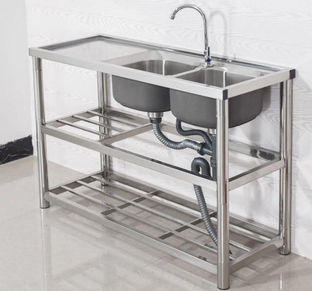 TBVECHI Commercial 304 Stainless Steel Sink 2 Compartment Free Standing Prep & Utility Sink, Large 2 Bowls Sink for Garage, Restaurant, Kitchen, Laundry Room, Outdoor (2 Compartment Sink)