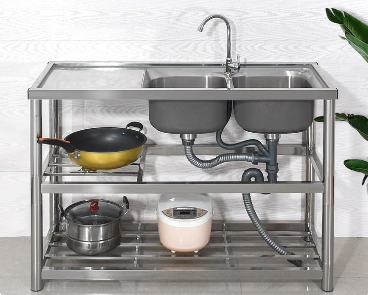 TBVECHI Commercial 304 Stainless Steel Sink 2 Compartment Free Standing Prep & Utility Sink, Large 2 Bowls Sink for Garage, Restaurant, Kitchen, Laundry Room, Outdoor (2 Compartment Sink)