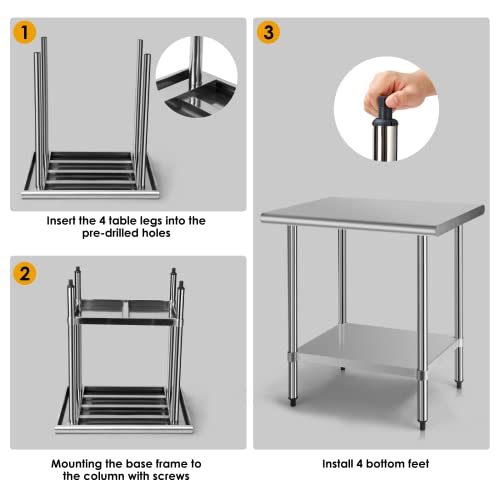 TUSY Stainless Steel Table for Prep & Work, 24 x 30 Inches NSF Commercial Worktable with Stainless Steel Undershelf and Legs for Restaurant, Home and Hotel