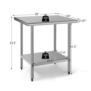 TUSY Stainless Steel Table for Prep & Work, 24 x 30 Inches NSF Commercial Worktable with Stainless Steel Undershelf and Legs for Restaurant, Home and Hotel