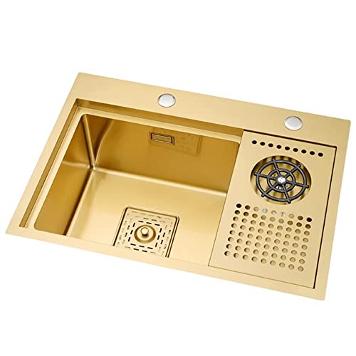 Stainless Steel Sinks, with Glass Rinsing Device, Kitchen Single Bowl Rectangular Sink, Gold Workstation Sink, for Flushmount, Undermount & Top Mounted Installation