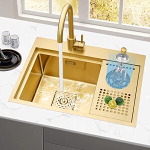 Stainless Steel Sinks, with Glass Rinsing Device, Kitchen Single Bowl Rectangular Sink, Gold Workstation Sink, for Flushmount, Undermount & Top Mounted Installation