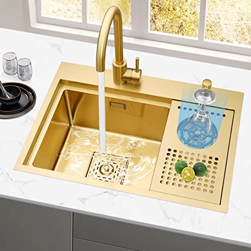 Stainless Steel Sinks, with Glass Rinsing Device, Kitchen Single Bowl Rectangular Sink, Gold Workstation Sink, for Flushmount, Undermount & Top Mounted Installation