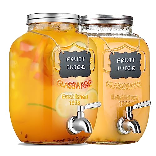 2 Pack 1 Gallon Drink Dispensers for Parties,Beverage Dispenser with 18/8 Stainless Steel Spigot,Glass Drink Dispenser Water Dispenser Punch Dispenser for Sun Tea Lemonade Juice Cold Water.