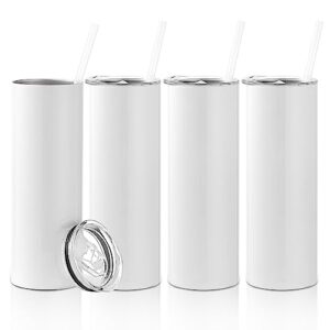 fun-worx skinny straight tumbler 20oz 4 pack with lids for sublimation stainless steel insulated tumblers blank white