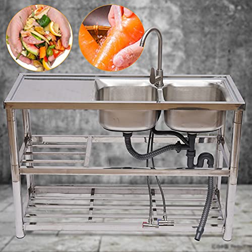 RustyVioum Commercial Sink Stainless Steel, 304 Stainless Steel Commercial Kitchen Sink for Any Dining Environment, Gooseneck 360 Degree Rotation Faucet, Silver