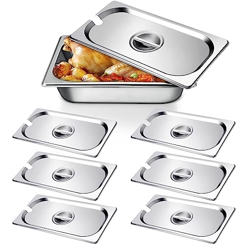 Bokon 6 Pack 1/3 Steam Table Pan Covers Stainless Steel Hotel Pan Lid with Handle Catering Food Pan Cover Slotted Notched Universal Food Pan Lid