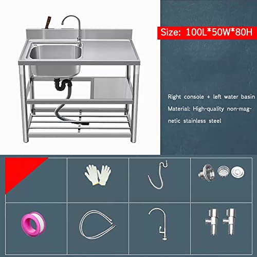 Freestanding Stainless Steel Sink 304 Stainless Steel Utility Sink Freestanding 1 Compartment Kitchen Sink with Worktop Commercial Restaurant Sink Set Commercial/Industrial Sink