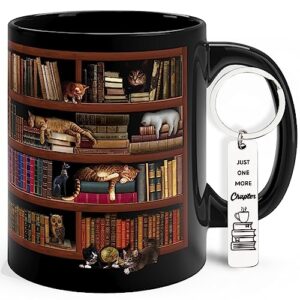 kovan library bookshelf mug book lovers coffee mug library mug for cat and book lover book coffee mug book mug bookworm mug book club cup - gifts for readers bookish black mug 11oz with keychain