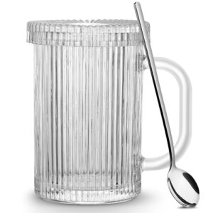 qipecedm clear glass coffee mug with lid, 13 oz classic vertical stripes coffee cups, premium glass tea mug for hot/cold beverages, ribbed drinking glassware set for latte, cappuccino, tea and juice