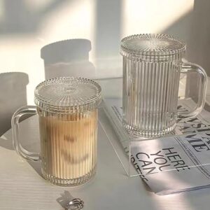 Qipecedm Clear Glass Coffee Mug with Lid, 13 oz Classic Vertical Stripes Coffee Cups, Premium Glass Tea Mug for Hot/Cold Beverages, Ribbed Drinking Glassware Set for Latte, Cappuccino, Tea and Juice