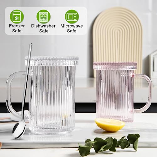 Qipecedm Clear Glass Coffee Mug with Lid, 13 oz Classic Vertical Stripes Coffee Cups, Premium Glass Tea Mug for Hot/Cold Beverages, Ribbed Drinking Glassware Set for Latte, Cappuccino, Tea and Juice