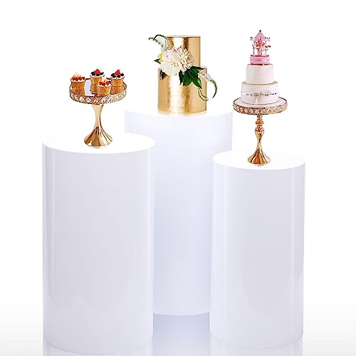 ZCEBGIG 3Pcs Cylinder Stands for Party Cylinder Pedestal Stands for Parties Cylinder Tables for Parties Wedding Pillars Baby Shower Dessert Tables Birthday Party Event Decor (Round-White-3Pcs)