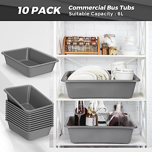 Wesiti 10 Packs Plastic Bus Tubs 8L Small Commercial Bus Box Plastic Dish Tubs Food Service Tub Kitchen Rectangle Wash Dish Basin Pans Seafood Vegetables Transporting Washing Storage, Gray