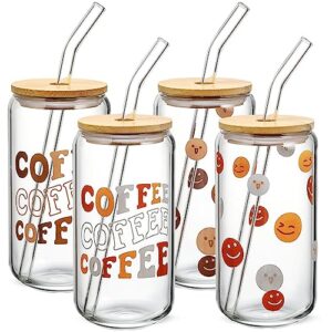 glass cups with lids and glass straws with design 4pcs set - 16oz cute iced coffee sublimation glasses, beer can shaped drinking glasses tumbler, coffee bar accessories, aesthetic housewarming gifts