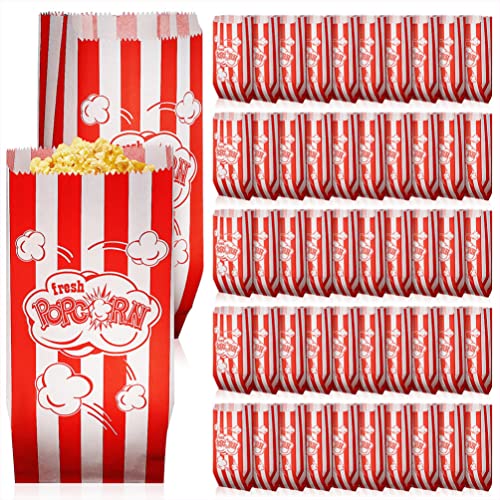 Snack Container 100 Pieces Paper Popcorn Bags Bulk, Red and White Popcorn Bags Individual Servings for Popcorn Machine Party Kitchen Party Movie Theater, Carnival Party