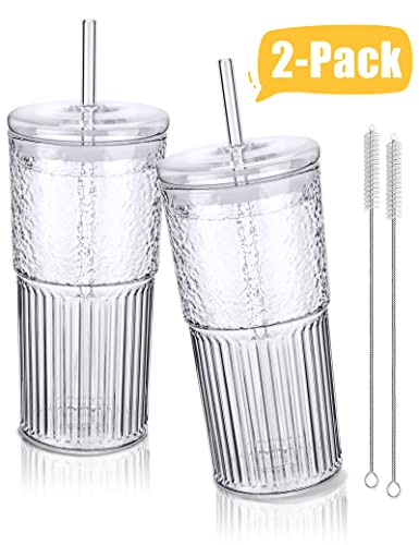 NiHome High Borosilicate Glass Tumbler Cup with Lid and Straw, 22oz Iced Coffee Glass Cups Drinking Glasses Boba Smoothie Tea Cup, Mason Jar Cup Wide Mouth Water Tumbler (2 Pack Glass Straws)