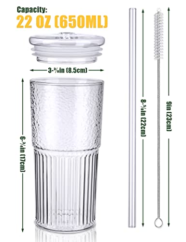 NiHome High Borosilicate Glass Tumbler Cup with Lid and Straw, 22oz Iced Coffee Glass Cups Drinking Glasses Boba Smoothie Tea Cup, Mason Jar Cup Wide Mouth Water Tumbler (2 Pack Glass Straws)