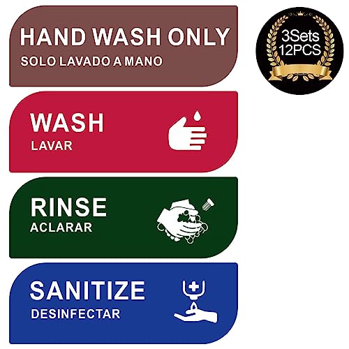 Wash Rinse Sanitize Sink Labels,12 Packs with Hand Wash Only Sign,3 Sink Compartment Waterproof Designer Sticker Signs,Ideal for Wash Station,Restaurant,Food Trucks,Commercial Kitchens (12packs-3sets)