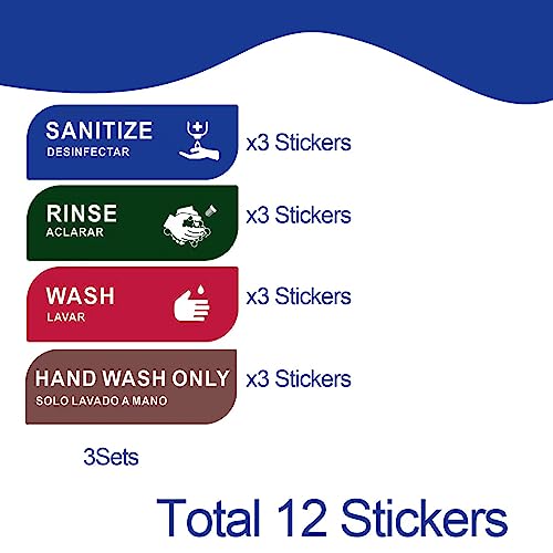 Wash Rinse Sanitize Sink Labels,12 Packs with Hand Wash Only Sign,3 Sink Compartment Waterproof Designer Sticker Signs,Ideal for Wash Station,Restaurant,Food Trucks,Commercial Kitchens (12packs-3sets)