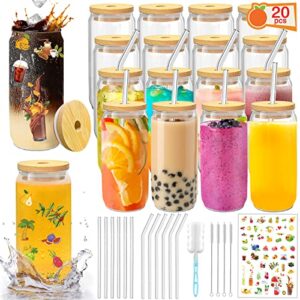 peacepeo glass cups with lids and straws 20pcs 16oz ice coffee cup can beer glass set drinking glasses with bamboo lids reusable can shaped glass cups ideal for smoothies & beverages