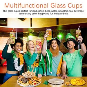 PeacePeo Glass Cups with Lids and Straws 20Pcs 16oz Ice Coffee Cup Can Beer Glass Set Drinking Glasses with Bamboo Lids Reusable Can Shaped Glass Cups Ideal for Smoothies & Beverages