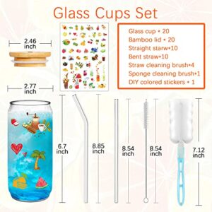 PeacePeo Glass Cups with Lids and Straws 20Pcs 16oz Ice Coffee Cup Can Beer Glass Set Drinking Glasses with Bamboo Lids Reusable Can Shaped Glass Cups Ideal for Smoothies & Beverages