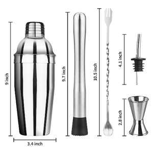 Ohtomber Cocktail Shaker Bartender Kit - 5 Pieces Cocktail Martini Shaker with Strainer, Muddler for Cocktails, Bar Spoon, Measuring Jigger for Bartending and Liquor Bottle Pourers, Drink Mixer Set