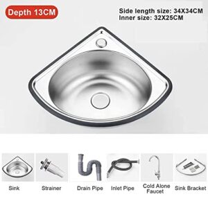 Kitchen Corner Sink, Single Bowl Stainless Steel Sink, with Drainer Unit And Tap, Triangle Bathroom Wash Basins for Outdoor Indoor, Garage, Laundry/Utility Room, Restaurant 34x34cm-depth13cm