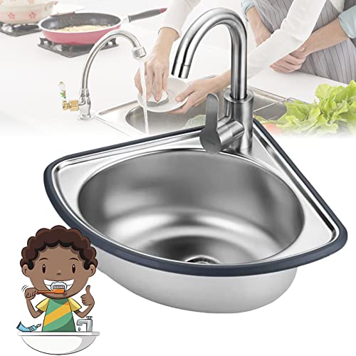 Kitchen Corner Sink, Single Bowl Stainless Steel Sink, with Drainer Unit And Tap, Triangle Bathroom Wash Basins for Outdoor Indoor, Garage, Laundry/Utility Room, Restaurant 34x34cm-depth13cm