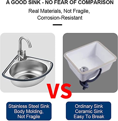 Kitchen Corner Sink, Single Bowl Stainless Steel Sink, with Drainer Unit And Tap, Triangle Bathroom Wash Basins for Outdoor Indoor, Garage, Laundry/Utility Room, Restaurant 34x34cm-depth13cm