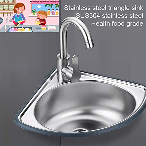 Kitchen Corner Sink, Single Bowl Stainless Steel Sink, with Drainer Unit And Tap, Triangle Bathroom Wash Basins for Outdoor Indoor, Garage, Laundry/Utility Room, Restaurant 34x34cm-depth13cm