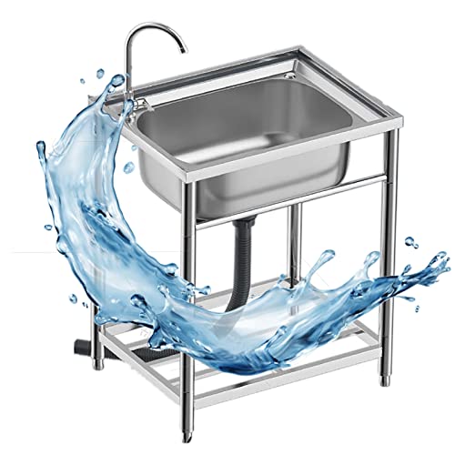 Free Standing Stainless-Steel Single Bowl Kitchen Sink Commercial Restaurant Sink with Faucet Combo with Strainerportable Handwashing Station for Restaurant Laundry Room Backyard (Color : Hot and col