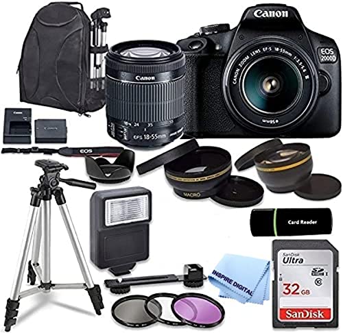 Canon Intl. Canon EOS 2000D / Rebel T7 DSLR Camera with EF-S 18-55mm Zoom Lens + SanDisk 32GB Memory Card + Tripod + Case + Wideangle Lenses + Inspire Digital Cloth (20pc Bundle), Black, (Renewed)