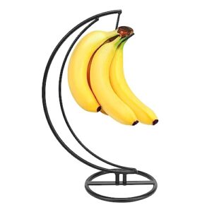 winmien banana holder stand, stable metal freestanding banana hanger with hook, moon shape modern banana storage design, keep fruits fresh, banana keeper for kitchen countertop (black)