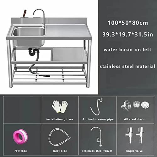 Sink,Sink with Drainboard,Stainless Steel Utility Sink,Utility Kitchen Sinks faucet/drain Kit for Restaurant, Kitchen, Outdoor, 100 * 50 * 80cm/39.9 * 19.7 * 31.5in B