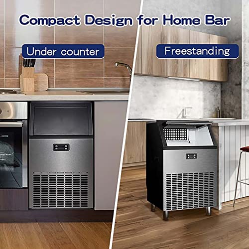 JJGBWY Commercial Ice Machine, Freestanding Ice Machine 99 Lb/24Hr, 66 Lb Storage Bin, Full Heavy Duty Stainless Steel Construction, Home Bar, Coffee Shop, Commercial Ice Maker