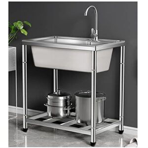 freestanding kitchen sink, stainless steel single bowl sink, washing hand basin with hot and cold faucet, for garage, laundry, hotel