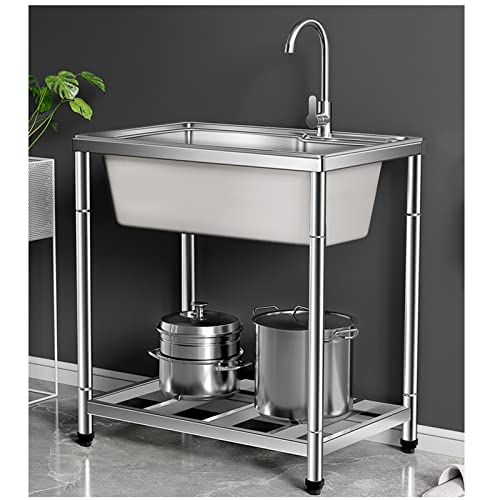 Freestanding Kitchen Sink, Stainless Steel Single Bowl Sink, Washing Hand Basin with Hot and Cold Faucet, for Garage, Laundry, Hotel