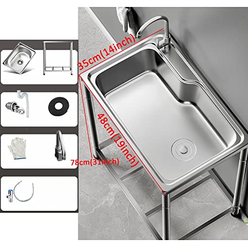 Freestanding Kitchen Sink, Stainless Steel Single Bowl Sink, Washing Hand Basin with Hot and Cold Faucet, for Garage, Laundry, Hotel