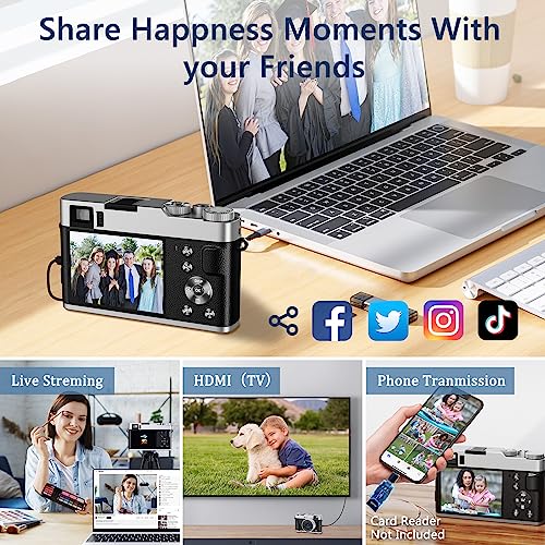 4K Digital Camera with Viewfinder & Flash, Autofocus 48MP Cameras for Photography Vlogging Camera for Adults Teens Compact Travel Camera with Classic Dial, Time Lapse, Selfie, 16X Zoom, 32GB SD Card