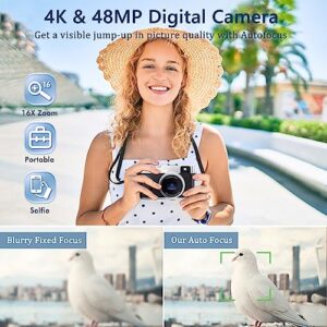 4K Digital Camera with Viewfinder & Flash, Autofocus 48MP Cameras for Photography Vlogging Camera for Adults Teens Compact Travel Camera with Classic Dial, Time Lapse, Selfie, 16X Zoom, 32GB SD Card