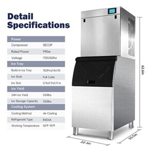 22" Commercial Ice Maker Machine 550LBS/24H with 350LBS Large Storage Bin, 990W SECOP Compressor, Air Cooled, Automatic Cleaning, Ice Machine Perfect for Restaurants, Bars, Cafes, Bussiness (Full Ice)