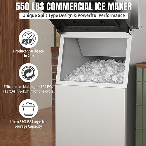 XPW Commercial Ice Maker Machine - 550LBS/24H with 350LBS Bin 1200W Ultra Strong Compressor, Stainless Steel Construction Fully Automatic Operation Perfect for Bar Restaurants and Business