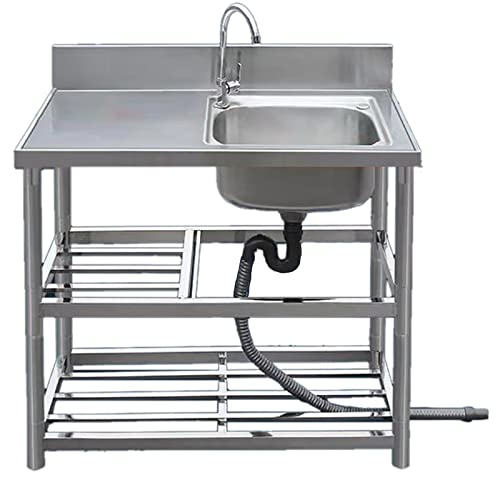 Outdoor Sink Kitchen Sink Commercial Catering Sink Free Standing Stainless Steel Single Bowl Basin with Faucet and Workbench with Drainer Unit and Storage Shelves for Outdoor Indoor. (Color : Hot and