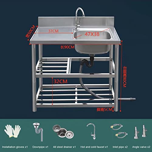 Outdoor Sink Kitchen Sink Commercial Catering Sink Free Standing Stainless Steel Single Bowl Basin with Faucet and Workbench with Drainer Unit and Storage Shelves for Outdoor Indoor. (Color : Hot and